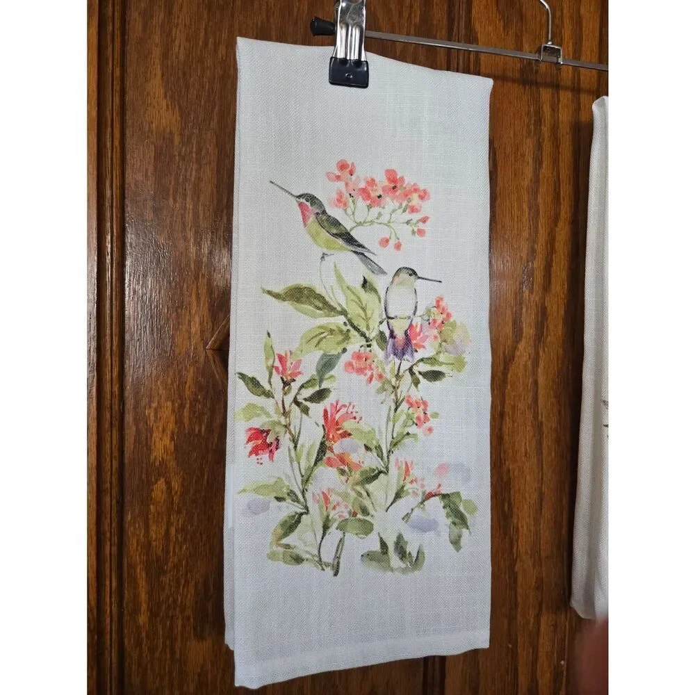 Hummingbird Floral Kitchen Tea Towels - White Set Of Two
